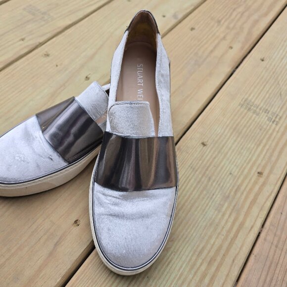 Stuart Weitzman Light Gray and Silver Slip-On Sneakers, Size 8 - Picture 3 of 7